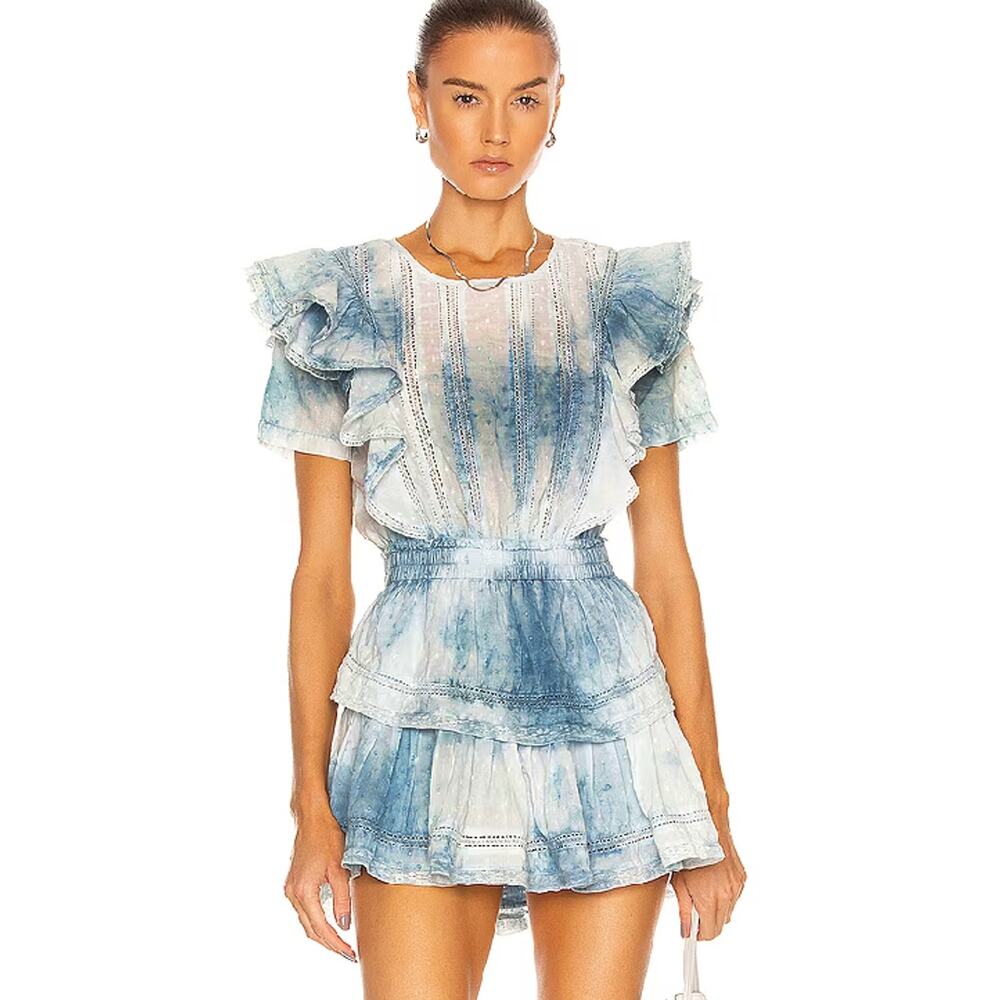 LoveShackFancy Natasha Dress Blue Tiered Ruffle Cotton Short Sleeve Sz L